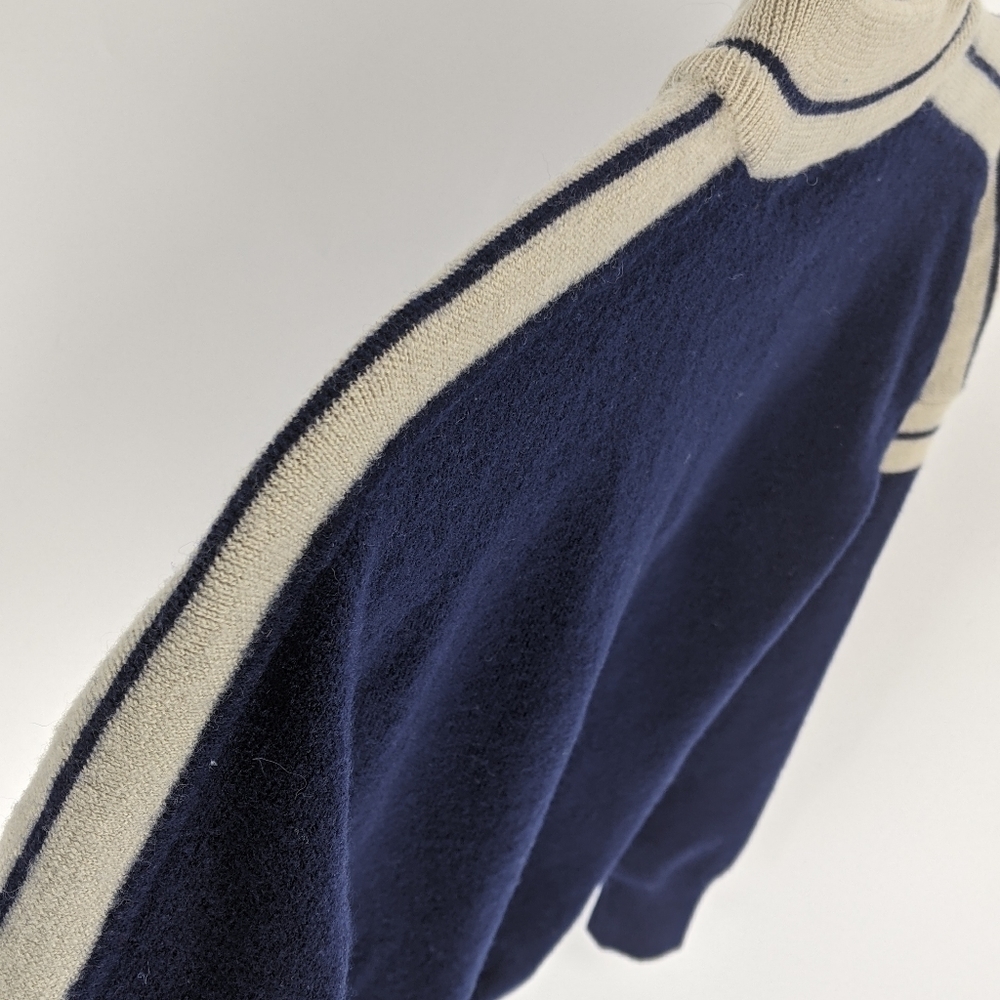 VTG MEISTER 100% New Wool Sweater Pullover Partial Button Navy Blue & Tan L - Picture 12 of 12
